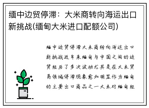 缅中边贸停滞：大米商转向海运出口新挑战(缅甸大米进口配额公司)