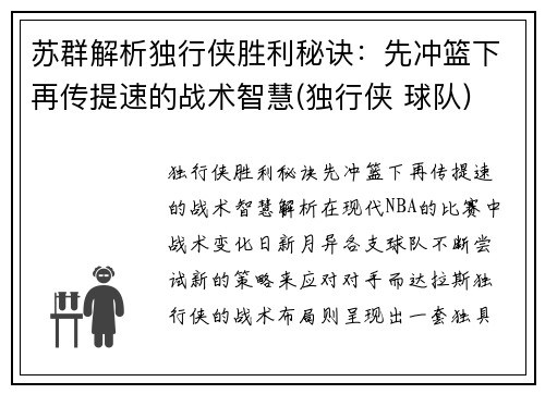 苏群解析独行侠胜利秘诀：先冲篮下再传提速的战术智慧(独行侠 球队)